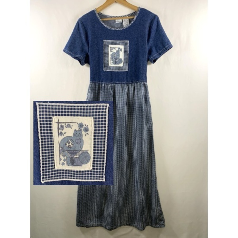 Vintage 90s Womens Cat Denim Tie Back Maxi Dress Sz L Cottage Country Homestead - Picture 1 of 14